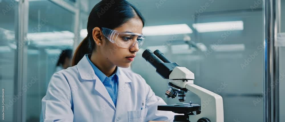 Poster a diligent scientist conducting experiments in a modern laboratory, immersed in research, using a mi