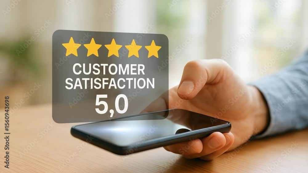 Poster a hand holds a smartphone displaying customer satisfaction rating. featuring an interactive design w