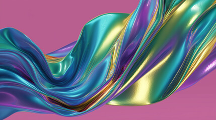 Holographic iridescent flowing cloth on pink background