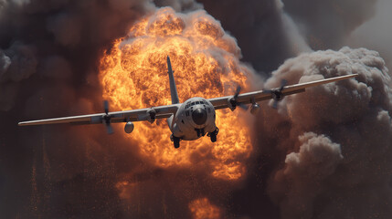 Military transport aircraft flying through explosion and fire