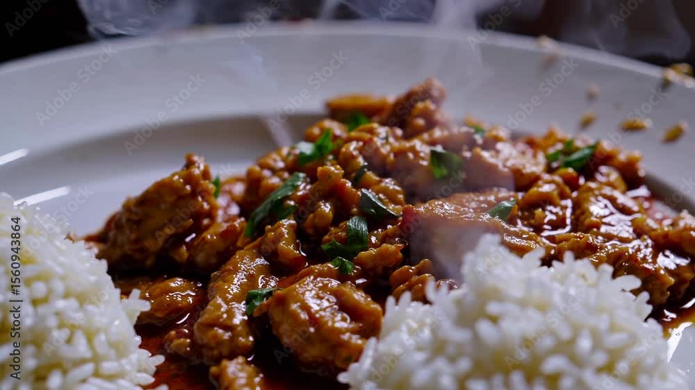 Poster close-up video shot of a plate with saucy chicken and rice, capturing a warm, appetizing look with a