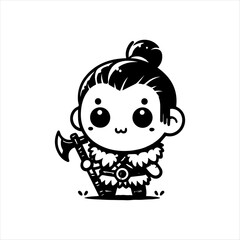 Cute Chibi Barbarian Warrior with Axe in Fur Outfit – Black and White Vector