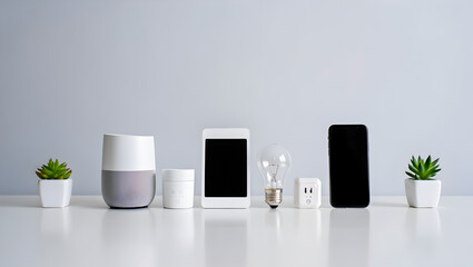 Smart home devices including speaker phone light bulb and smart plug arranged on white surface