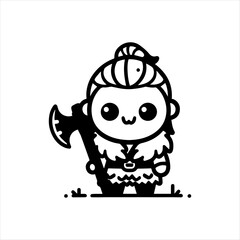 Cute Chibi Barbarian Warrior with Axe in Fur Outfit – Black and White Vector