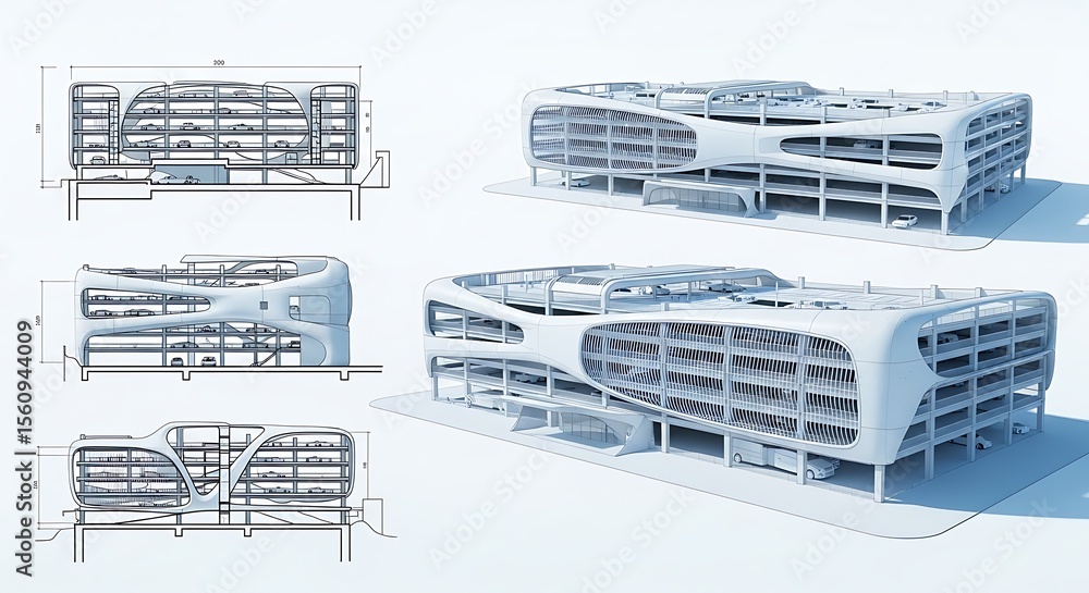 Aufkleber architectural renderings showcasing a white modern building design with intricate facade and multipl