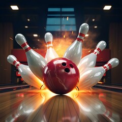 Striking Bowling Pins in a Dramatic Bowling Alley Scene