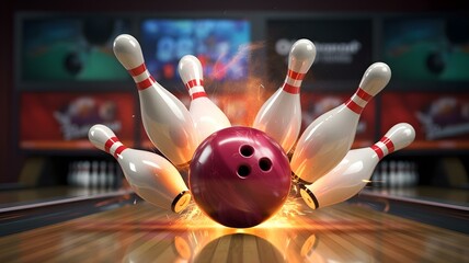 Striking Bowling Pins in a Dramatic Bowling Alley Scene
