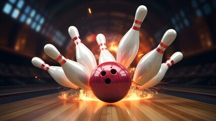 Striking Bowling Pins in a Dramatic Bowling Alley Scene
