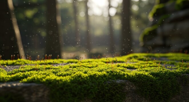 Lush Green Moss in Sunlight A Serene Forest Scene