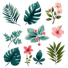 Tropical leaves and flowers vector illustration on white background