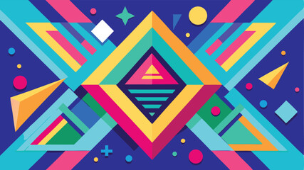 Abstract geometric composition with colorful shapes and translucent layers on blue background