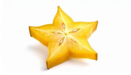 Fototapeta premium Vibrant Starfruit Slice Displaying Seeds and Texture on White Background