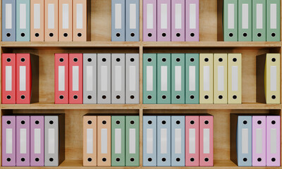 Office organization with colorful file folders on a shelf 