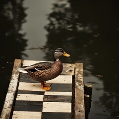 Duck standing on a checkerboard dock at a pond