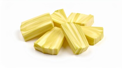 Sliced Jackfruit Pieces Displaying Creamy Yellow Hue and Fibrous Texture on White Backdrop