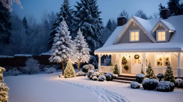 Inviting snowy home exterior decorated with Christmas lights and snow-covered trees on a winter evening landscape, creating a festive holiday scene