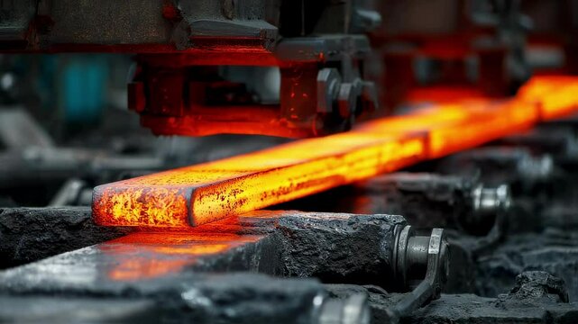 Closeup shot of a steel rolling mill, capturing the mechanical processes of heating, rolling, and cooling steel bars or sheets to specific thicknesses for structural use.