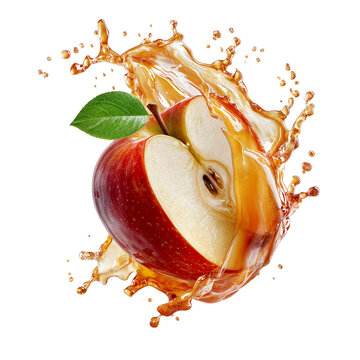 Red apple cut in half with juice splash isolated on transparent background