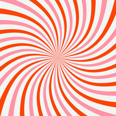 Colorful spiral burst background with pink and red stripes. Retro radial sunburst pattern with hypnotic swirl effect. Perfect for pop art, posters, party designs, and vintage-style graphics.