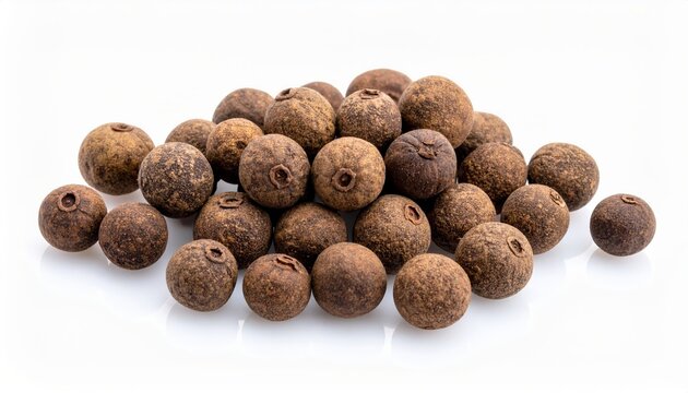 Pile of aromatic whole allspice berries with visible calyxes on a white surface