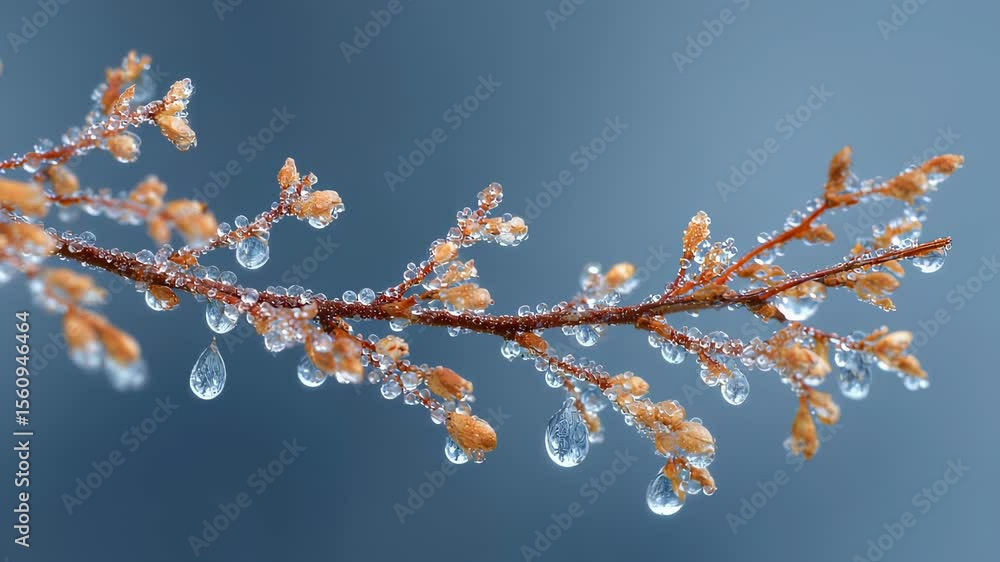 Poster a closeup of a tree branch covered in thin layers of frozen dew each drop catching the light and spa