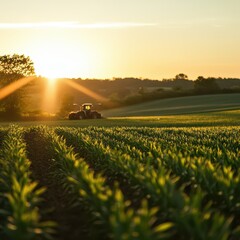 Tractor working in cornfield at sunset