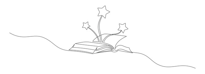 Opened book with flying page and stars in one continuous line drawing. Magic of reading and children library concept in simple linear style. Editable stroke. Doodle monoline vector illustration