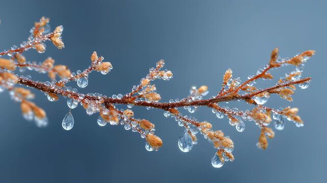 A closeup of a tree branch covered in thin layers of frozen dew each drop catching the light and sparkling like diamonds.