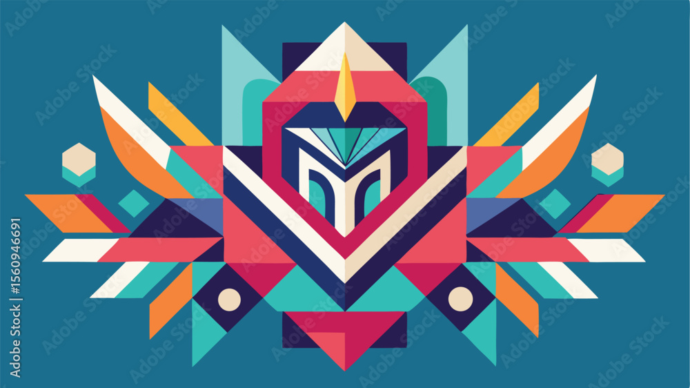Poster abstract geometric design with symmetrical shapes and bold colors suitable for backgrounds