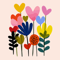 Colorful vector illustration of blooming flowers and hearts in a decorative graphic design