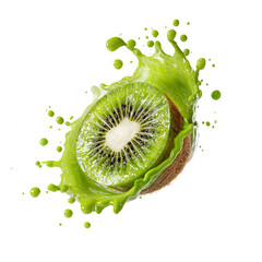 Green kiwi fruit with juice splash isolated on transparent background