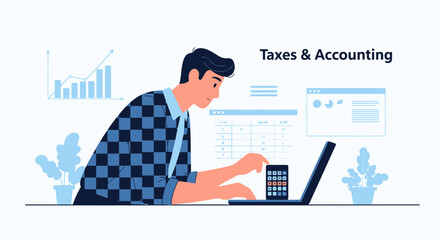 Accounting Illustration Of A Man Doing Taxes On His Laptop With Financial Charts