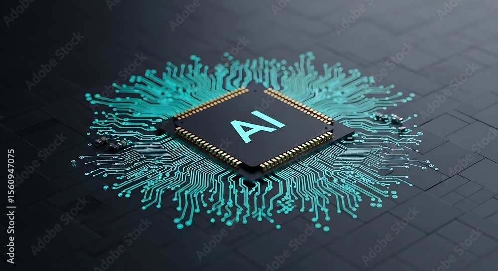 Poster close up view of an ai processor central circuit board with digital glowing green lines on dark back