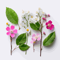 Colorful floral bouquet with green leaves on white background, vector illustration