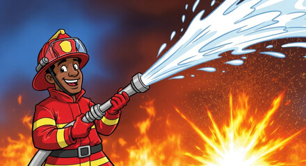 Cartoon firefighter spraying water on fire illustration vector image for kids and children learning