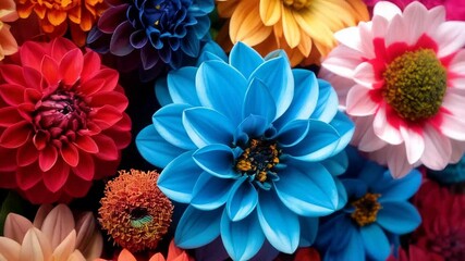 Collection of brightly colored Dahlia flowers with reds, blues, oranges, and yellows in a floral arrangement, full frame.