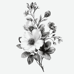 Black and white floral vector illustration, elegant flower drawing in PNG and PSD formats for design projects
