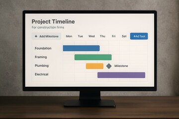 Project timeline displayed on a computer screen showing stages of construction process.