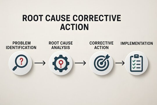Depicting the core of root cause corrective action in a concise and clear illustration. A graphic representation of the key stages involved in this methodical approach.