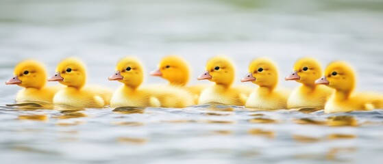 Yellow ducklings swimming in formation on water
