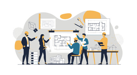 Architectural Team Discussing Blueprint Designs For Modern House Building Project