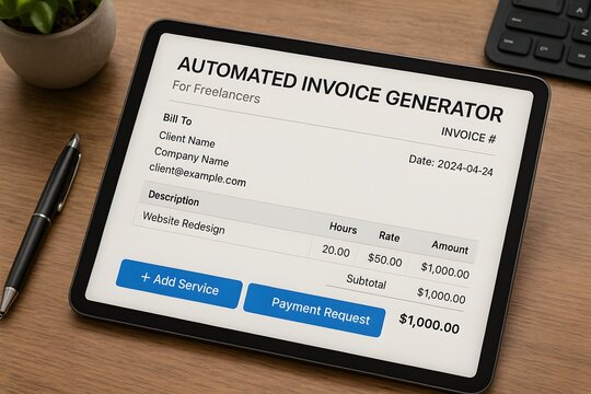 Close-up view of a tablet screen, highlighting the automated invoice generating interface tailored for freelancers. The scene is rendered in photorealistic detail and emphasizes business.