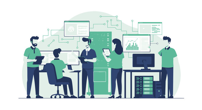 Data Analysis Team Working Together On Computer Network And Server Maintenance