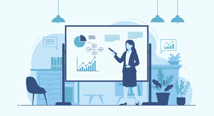 Business Presentation By Confident Woman Analyzing Growth Charts In Blue Tones