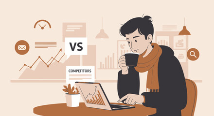 Fototapeta premium Businessman Analyzing Market Competition And Drinking Coffee At Workplace