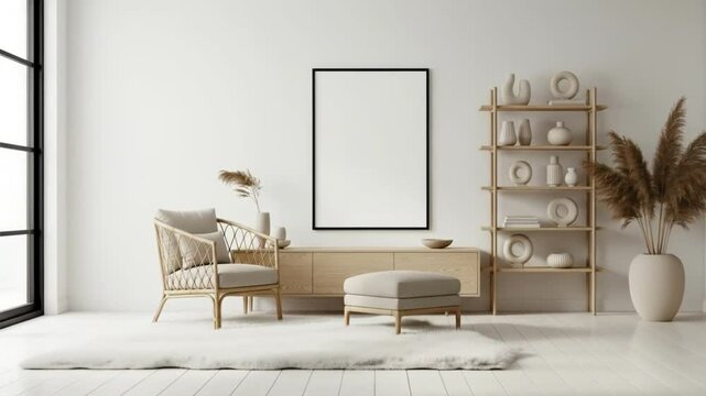 A bright interior showcases a blank frame mockup, a stylish chair, a wooden table, and a decorative shelf filled with vases