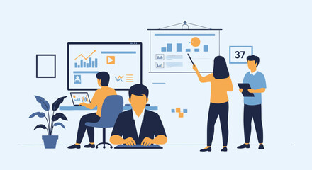 Business Team Collaboration In Modern Office Analyzing Data And Market Trends