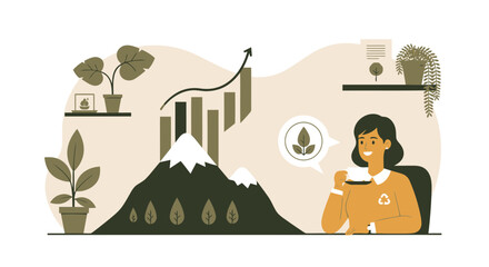 Sustainable Growth Strategy Depicted by Professional Woman Drinking Coffee In her Office