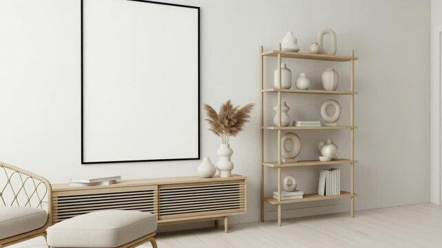 A modern interior with a blank frame mockup, a stylish chair, a wooden table, and a decorative shelf filled with vases