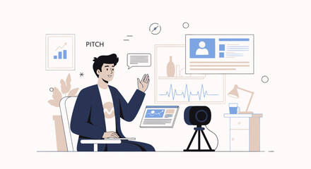 Confident Entrepreneur Presenting Pitch Deck In Modern Visual Presentation Meeting